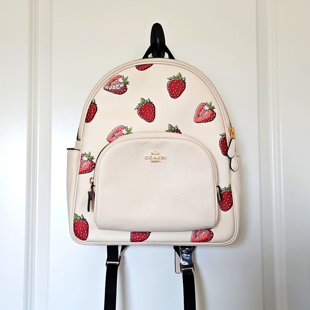 NWT Coach Court Backpack Signature Canvas Strawberry Print CAS94 Gold/Chalk